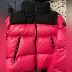 moncler pink and black puffer coat